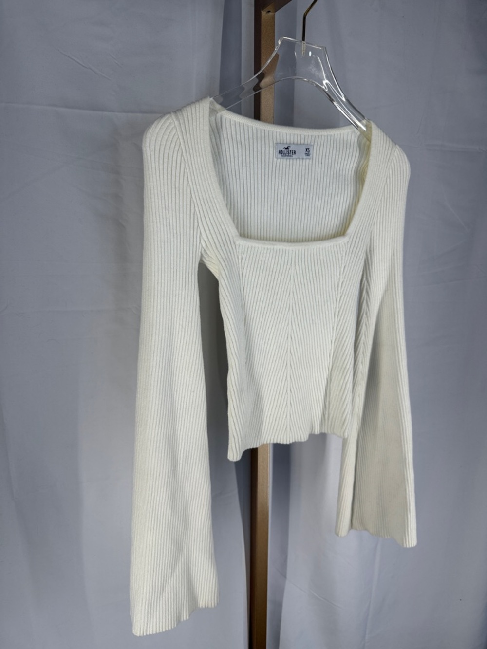 Hollister Square Neck Ribbed Bell Sleeve Babydoll Y2K Knit Top Sweater XS Cream - Picture 7 of 10